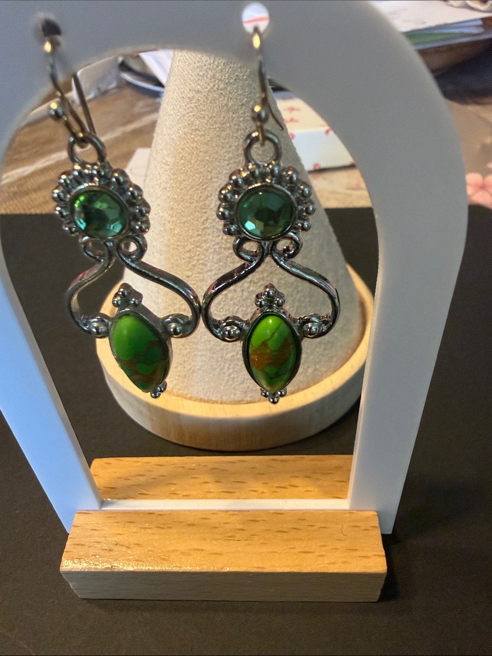 Green Gemstone Dangle Earrings - Silver-Tone Filigree